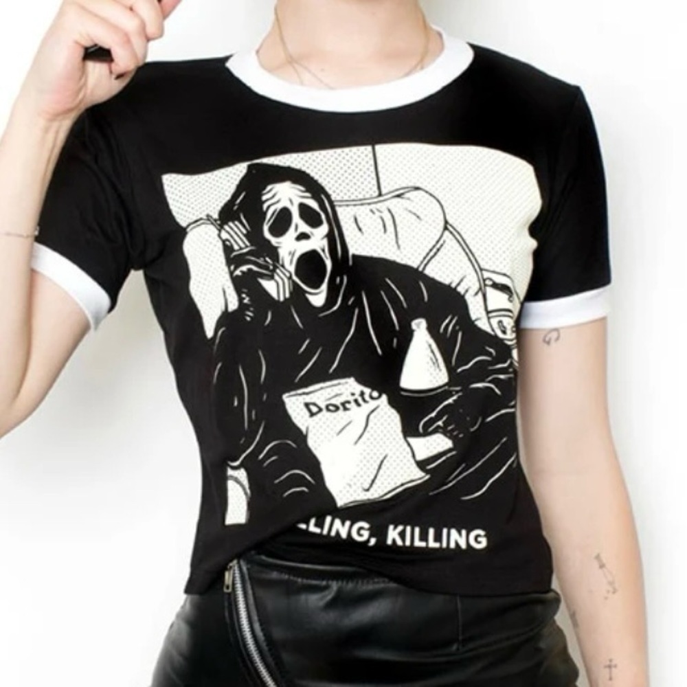 Halloween Crop Top Sz Small Chilling & Killing Black Grim Reaper Goth Ringer Tee